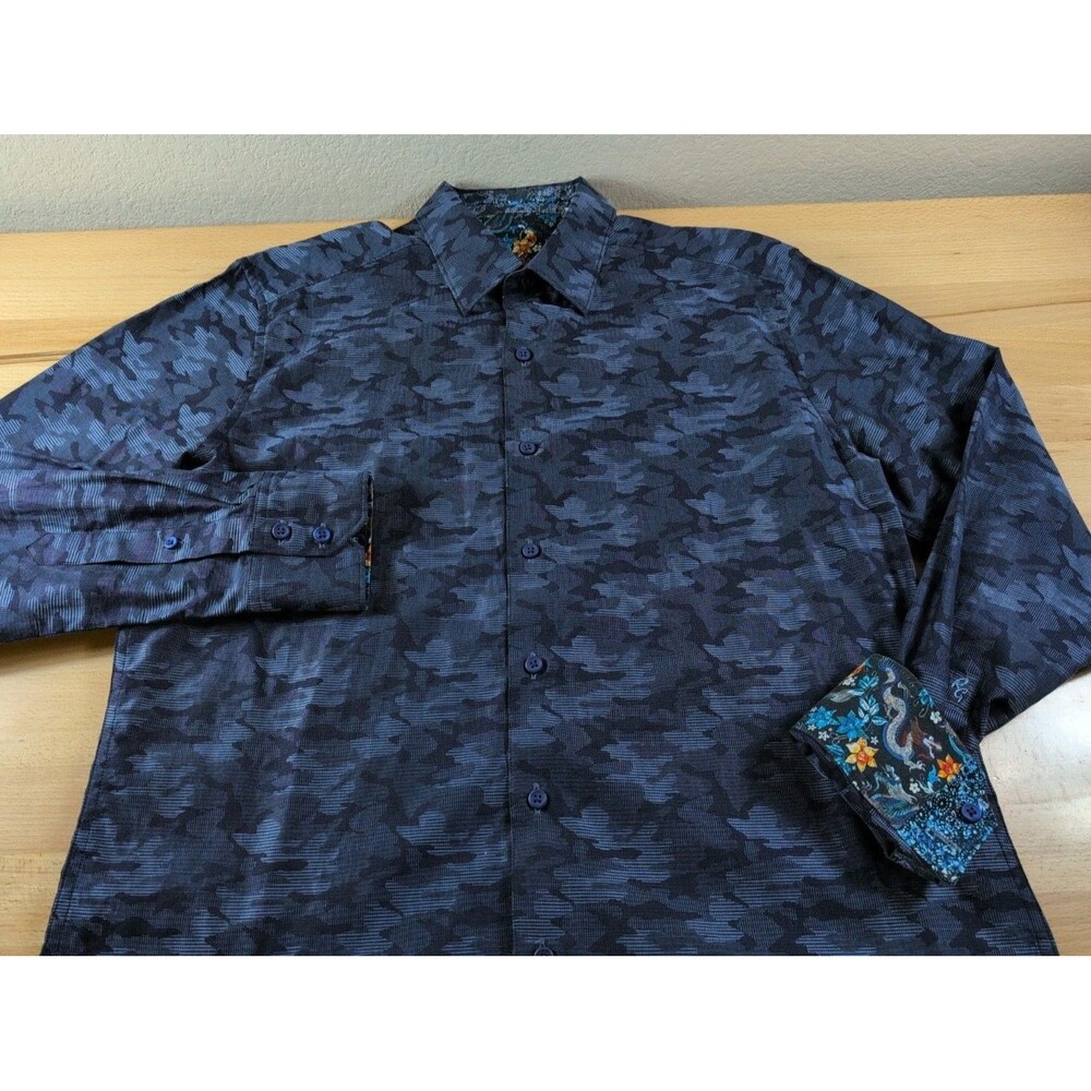 Robert Graham Shirt Mens Medium Blue Camo AOP Dragon Cuff Long Sleeve Button Up